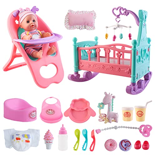 deAO 21-teiliges Spielset Meine erste Babypuppe mit einem Miniaturbett, einem mobilen Kinderbett, einem Hochstuhl, Fütterungszubehör und eine 12' Babypuppe von deAO