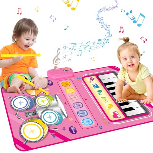 deAO 2 in 1 Musikmatte & Schlagzeug Elektronisch Drum Set, Baby Musikspielzeug mit 6 Liedern, 2 Trommelstöcke, Einstellbare Lautstärke, Piano Matte Tanzmatte Geschenk für Kinder 1-5 (Rosa, 50*80CM) von deAO