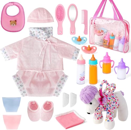 deAO 20 Teiliges Baby Puppen Zubehörset, Puppenkleidung Babypuppe Fütterungsset mit Magische Flasche Schnuller, Rosa Bekleidungs-Set für New Born Baby Doll Puppen 36 cm, Puppe Nicht Enthalten von deAO