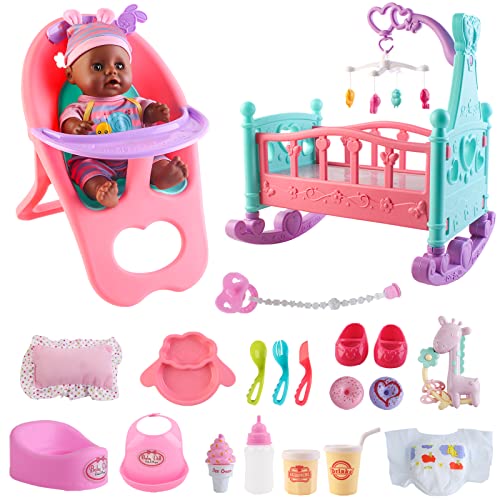 deAO 21-teiliges Spielset Meine erste Babypuppe mit einem Miniaturbett, einem mobilen Kinderbett, einem Hochstuhl, Fütterungszubehör und eine 12' Babypuppe von deAO