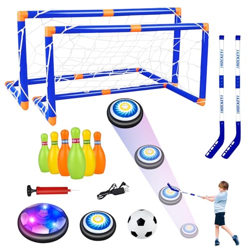 deAO Fußball Spielzeug Set mit 2 Fussball Tor, 2 Hockeyschläger und 6 Bowlingkugel, 2 LED Air Power Fussball, Geschenke Jungen für Weihnachten Geburtstag, Indoor Outdoor-Spiele von deAO