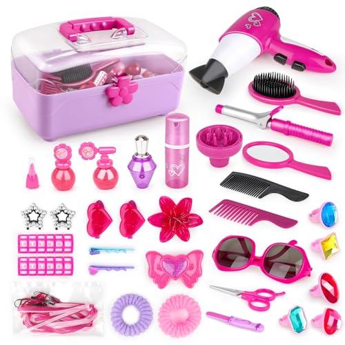 deAO 34-teiliges Friseur- und Glamour-Schminkkoffer, Spielset, Make-up-Zubehör, Pretend Schmuck, Lockenstab und Spielzeug-Haartrockner inklusive, Rosa von deAO