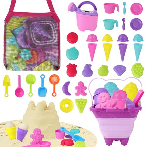 deAO 34-Teiliges Sandspielzeug EIS Set mit Eiscreme Sandformen, Sandschaufel, Sandeimer, Mehrfarbig Strandspielzeug und Zaubersand für Kinder 3 4 5 6 Jungen und Mädchen, Sommer Outdoor Spielzeug von deAO