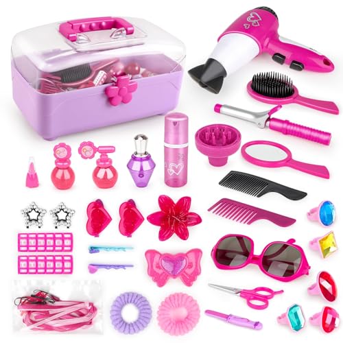 deAO 34-teiliges Friseur- und Glamour-Schminkkoffer, Spielset, Make-up-Zubehör, Pretend Schmuck, Lockenstab und Spielzeug-Haartrockner inklusive, Rosa deAO 34-teiliges Friseur- und Glamour-Schminkkoffer, Spielset, Make-up-Zubehör, Pretend Schmuck, Lockenstab und Spielzeug-Haartrockner inklusive, Rosa von deAO
