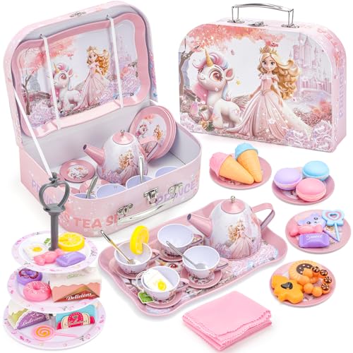 deAO 46 Pcs Teeservice Kinder, Teeservice Set für Kinder, Spielzeug-Tee-Sets, Zinn Tee Set Tragekoffer mit Dessert-Spielzeug für Geschenk Mädchen Spielzeug 3 4 5 6 7 8 9 Jahre (Rosa Einhorn) von deAO