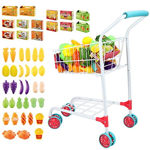 deAO 47 PCS Kinder Einkaufswagen Metall mit Essen Früchte Spielen,Kleiner Supermarktwagen Spielset Küche Spielzeug Set,Kinder-Einkaufskorb Lernspielzeug Geschenk ab 3 Jahren (White) von deAO