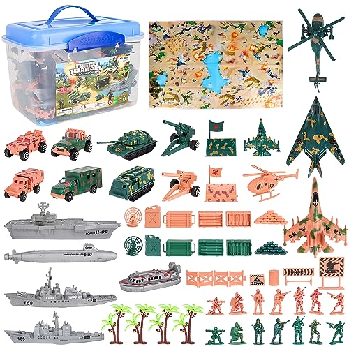 deAO 56-teiliges Militärarmeespielset mit Spielkarte, Spielzeugsoldaten, Militärfahrzeugen, Flugzeugen und Schlachtfeldzubehör inklusive - ein großer Spaß für Kinder von deAO