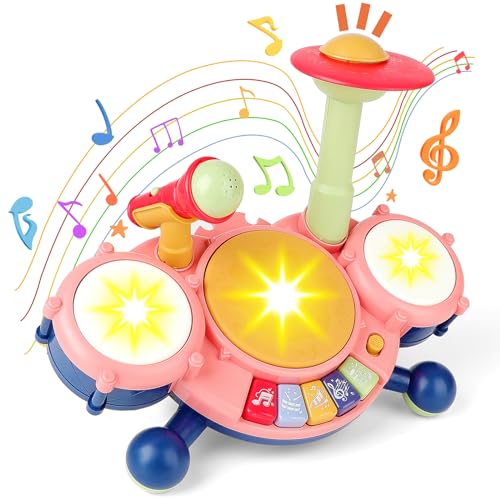 deAO Anfänger Musikalische Tischtrommeln Spielset mit Trommelstöcke, Mikrofon, Licht, Musik, Musikspielzeug Trommel Musikinstrumente Kinder Set Trommel Kinder Spielzeug Montessori ab 1 Jahr von deAO