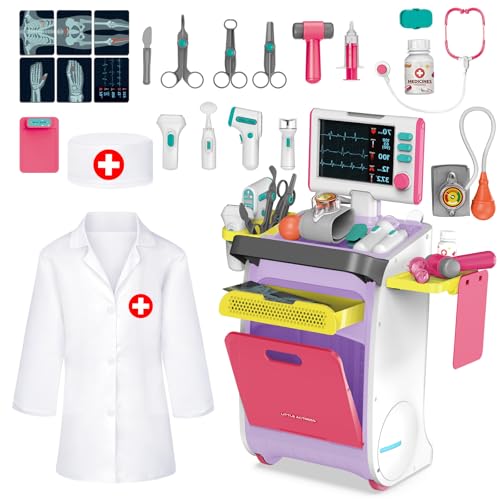 deAO Arztkittel Doktor Spielset Rollenspiel Kit, Arztwagen Arztkoffer Kinder Doktorkoffer mit Stethoskop, Thermometer, Spritze, Arzt Set, Medizinisches Spielzeug Geschenke für Kinder ab 3 (Rosa) von deAO