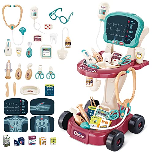 deAO Arztwagen Arztkoffer Kinder, Doktorkoffer Doctor Spielset mit Stethoskop, Thermometer, Spritze, Arzt Set zum Rollenspiel Doktor Medical Trolley Spielzeug Viel Zubehör Geschenke für Kinder von deAO