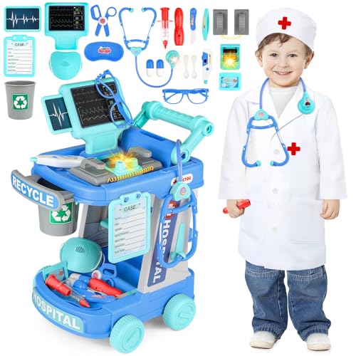 deAO Arztwagen Arztkoffer Kinder, Doktorkoffer Doktor Spielset mit Arztkostüm Stethoskop Thermometer Spritze, Arzt Set zum Rollenspiel Doktor Medical Trolley Spielzeug Viel Zubehör Geschenke Kinder von deAO