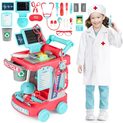 deAO Arztwagen Arztkoffer Kinder, Doktorkoffer Doktor Spielset mit Arztkostüm Stethoskop Thermometer Spritze, Arzt Set zum Rollenspiel Doktor Medical Trolley Spielzeug Viel Zubehör Geschenke Kinder von deAO