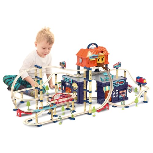 deAO Autorennbahn Spielzeug mit Zug mit Ton, 206 Pcs Kinder Eisenbahnschiene Zug Spielzeug Set mit Schienen Rampen Bahnhof, Bahn Reisezug Set Elektrische Eisenbahn Rennbahn für Kinder ab 3 Jahre von deAO