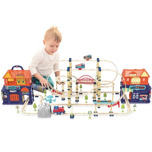 deAO Autorennbahn Spielzeug mit Zug mit Ton, 217 Pcs Kinder Eisenbahnschiene Zug Spielzeug Set mit Schienen Rampen Bahnhof, Bahn Reisezug Set Elektrische Eisenbahn Rennbahn für Kinder ab 3 Jahre von deAO