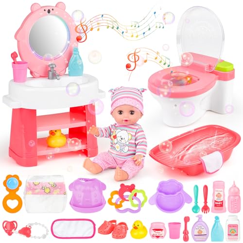 deAO Baby Born Puppe Zubehörset mit 12” Puppe, Babypuppe Nurse Spielset Puppen-Badewanne, Puppenspielzeug zum Füttern und Mode für Kleinkinder, Mädchen, Jungen und Vorschulkinder | 24-teiliges Set von deAO