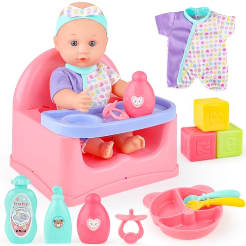 deAO Baby Doll Play Set, Kleid Spiel Set für 30cm Puppe mit 12'' Puppen, 1 Outfits und 2 Puppenflasche, Puppengeschirr, Bath Badespaß Set, Puppen Stuhl, Puppenzubehör Set für Kinder ab 1 Jahren, Rosa von deAO