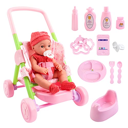 deAO Baby Puppe Kinderwagen - faltbar Kinderwagen Geschenk Spielzeug Cartoon Puppe mit Zubehör Spielen Spielzeug Geschenk für Jungen und Mädchen von deAO