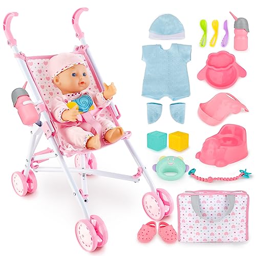 deAO Baby Puppen mit Puppenwagen Spielset, Spielpuppe Puppe interaktiv mit 2 Puppenkleidung, Trink- und Nässfunktion und Zubehör, Ankleidepuppe Kinderwagen Set Geschenkset für Kinder von deAO