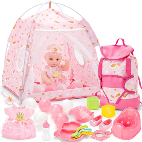 deAO Puppen Campingzelt Spielset für Kinder, Babypuppen-Set mit 30cm Babypuppe, Aufbewahrungsrucksack, Puppenkleidung, Zelte und Zubehör, Rollenspielset Geburtstagsgeschenk für Mädchen ab 3 Jahr deAO Puppen Campingzelt Spielset für Kinder, Babypuppen-Set mit 30cm Babypuppe, Aufbewahrungsrucksack, Puppenkleidung, Zelte und Zubehör, Rollenspielset Geburtstagsgeschenk für Mädchen ab 3 Jahr von deAO