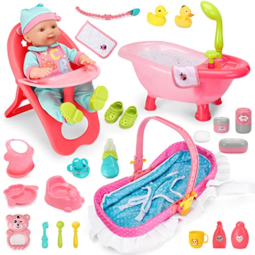 deAO Babypuppen-Zubehörset mit Puppen, Schnuller, Badezubehör für Baby und Kleinkindpuppen Wasser drücken Badewanne, Puppenspielzeug zum Füttern und Mode, Puppenkleidung und Schuh Set, 25-teiliges Set von deAO