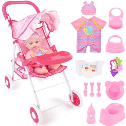 deAO Bambola Passeggino Accessori Playset, Babypuppe Rollenspielset Puppen Set mit 12” Puppe, Puppenkleidung, Puppenwagen, Babypuppe Fütterungsspielzeug Set, 13-teiliges Set von deAO