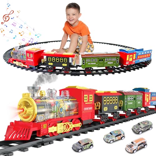 deAO Batterie-Dampflok, Eisenbahn Kinder Elektrisch Transparenter Zahnradkopf mit Licht, Geräuschen, Gleise, Klappbarer Waggons, 4 Auto, Zug Spielzeug Weihnachtszugspielzeug für 3 4 5 6 7+ Jahre Alte von deAO