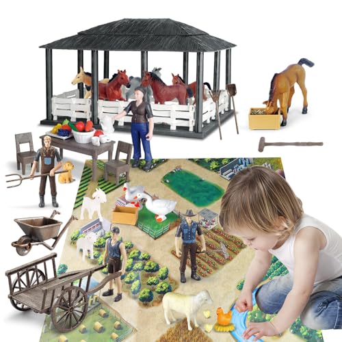 deAO Bauernhof Zubehör Set für Pferde und Bauernhof Tiere mit Pferdestall, 6 Pferde, 4 Bauer, Schubkarre, Heugabel und Mehr, Lernspielzeug für Jungen, Mädchen (34PCS+ Spielzeug Pferdehof Zubehör) von deAO