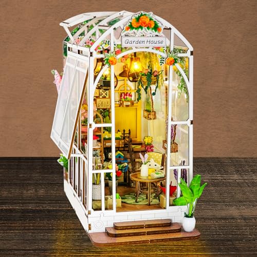 deAO Book Nook Kit, DIY Holz Puzzle Miniatur House mit Möbeln und Led Lampe, 3D Puppenhaus Modellbausätze für Kinder 10+, Erwachsene, Leicht zu Bauen Buchstütze Deko (Garden House) von deAO