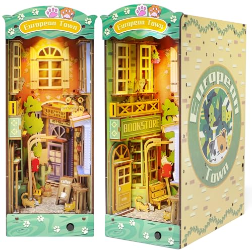 deAO Book Nook Kit, DIY Miniature Haus mit LED-Licht, 3D Wooden Puzzle Book für Erwachsene zum Bauen, Puppenhäuser Miniatur Haus Kit, Nook Art Bücherregal Deko (Town Corner) von deAO