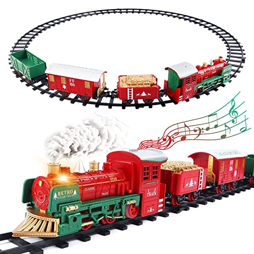 deAO Christmas Theme Classic Zugset für Kinder mit Licht, realistischen Sounds, Raucheffekt, 3-Wagen-Wagen und Gleisen zu Weihnachten! von deAO