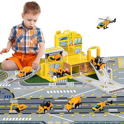 deAO City Baufahrzeuge Construction Station mit Bagger, Hubschrauber, Gabelstapler, Betonmischer-LKW, Baustelle Spielzeug für Kinder mit Spielkarte für Jungen und Mädchen ab 4 5 6 7 Jahren (Gelb) von deAO