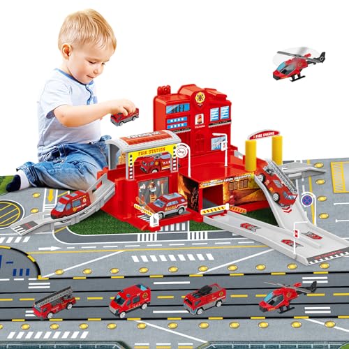 deAO City Feuerwehr Fire Station mit Feuerwehrauto, Hubschrauber, Feuerwehr Büro Bauen, Feuerwehrstation Bauspielzeug-Set für Kinder mit Spielkarte für Jungen und Mädchen ab 4 5 6 7 Jahren von deAO