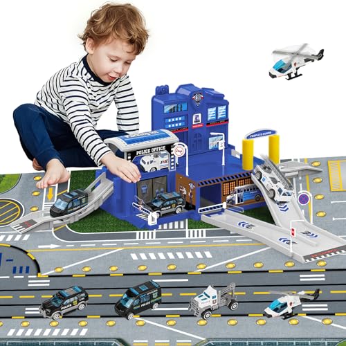 deAO City Police Station mit Polizeiauto, Hubschrauber, Polizei Büro Bauen, Polizeistation Bauspielzeug-Set für Kinder mit Spielkarte für Jungen und Mädchen ab 4 5 6 7 Jahren von deAO