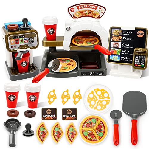 deAO Coffee & Pizza Shop Kinder, Café-Spielzeug für Kinder Inkl. Kaffeemaschine mit Wasser, Lesegerät mit Sound Rollenspiel Spielzeug für Mädchen Jungen ab 2 3 4 von deAO