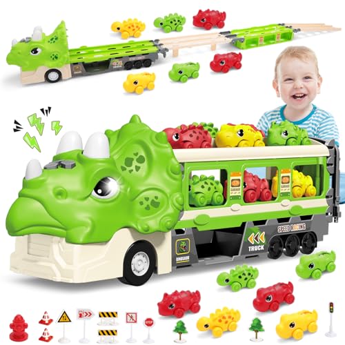 deAO Dino Transport Truck, 2 in 1 Auswurf Truck Spielzeugautos mit 6 Rennautos und 12 Beschilderung, Folding Tragbares Rennbahn Spielzeugauto mit Ton und Licht für Kinder ab 3 Jahren, Grün deAO Dino Transport Truck, 2 in 1 Auswurf Truck Spielzeugautos mit 6 Rennautos und 12 Beschilderung, Folding Tragbares Rennbahn Spielzeugauto mit Ton und Licht für Kinder ab 3 Jahren, Grün von deAO