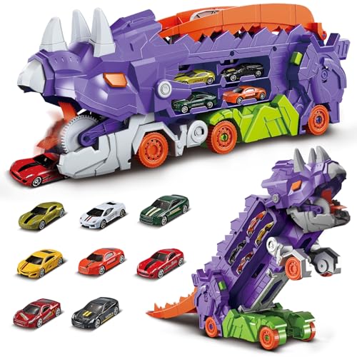 deAO Dino Transport Truck Spielzeug, Dinosaurier Autos für Jungen Inkl 8 Stück Metal Rennwagen, Tragbare Rennstrecke Truck, Transporter Spielset Geschenk für Kinder von 4 bis 8 Jahren (Lila) von deAO