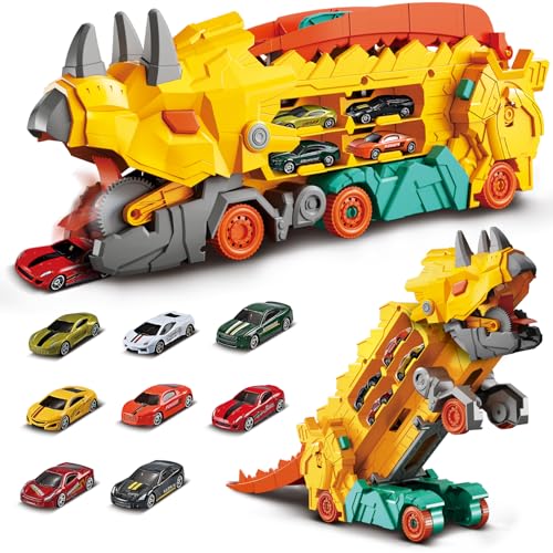 deAO Dino Transport Truck Spielzeug Autos für Jungen Inkl, Tragbare Rennstrecke Truck mit 8 Stück Metal Rennwagen, Transporter Spielset Geschenk für Kinder von 4 bis 8 Jahren (Gelb) von deAO