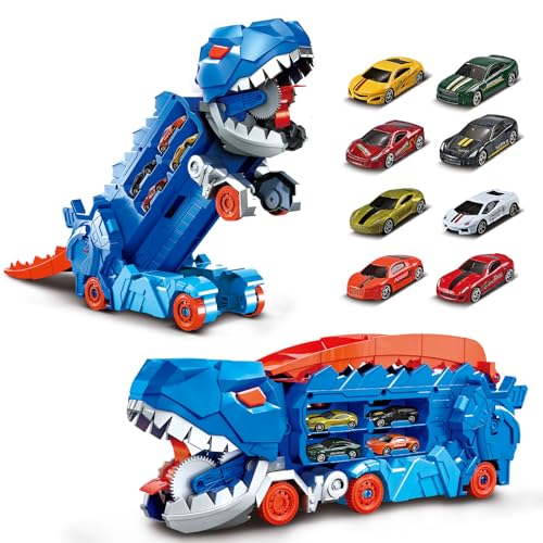 deAO Dino Transport Truck Spielzeug Autos für Jungen Inkl. 8 Stück Metal Rennwagen, Tragbare Rennstrecke Truck, Transporter Spielset Geschenk für Kinder von 4 bis 8 Jahren (Blau) von deAO