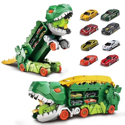 deAO Dino Transport Truck Spielzeug Autos für Jungen Inkl. 8 Stück Metal Rennwagen, Tragbare Rennstrecke Truck, Transporter Spielset Geschenk für Kinder von 4 bis 8 Jahren (Grün) von deAO