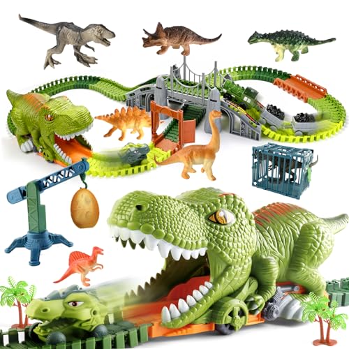 deAO Eisenbahn Kinder Elektrisch, Dinosaurier Eisenbahn für Kinder, Die Welt Dinosaurier Zug Spielzeug, Enthält 144 Spuren und verschiedene Zubehörteile, Dinosaurier Eisenbahn Kinderspielzeug Geschenk von deAO