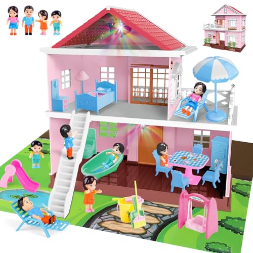 deAO Dollhouse, DIY Miniatur Puppenhaus, 2-stöckig Villa mit 4 Puppen, Reich Möbel - Staubsauger, Tisch, Kleiderschrank, Liegestuhl, Badewanne, Toilette, Schaukeln, Rutschen, Geschenke für Mädchen 3+ von deAO