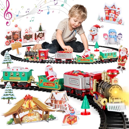 deAO Elektrisches Spielzeug Züge, Weihnachtszug Eisenbahn Schienen Zug Set Batterielok mit Licht und Sound, Eisenbahn Zug Spielzeug mit Zuggleis und 4 Zugwaggons, Weihnachtszug Set für Kinder von deAO