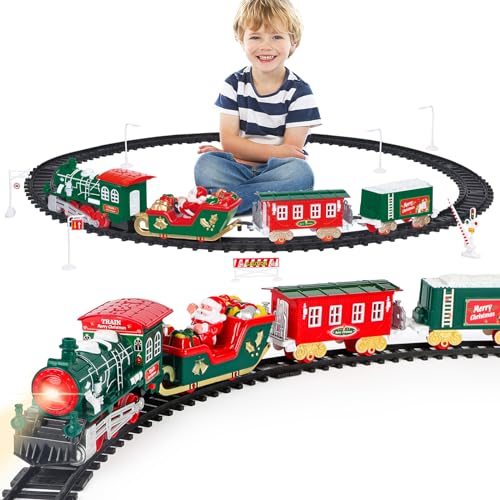 deAO Elektrisches Spielzeug Züge, Weihnachtszug Eisenbahn Schienen Zug Set Batterielok mit Licht und Sound, Eisenbahn Zug Spielzeug mit Zuggleis und 4 Zugwaggons, Weihnachtszug Set für Kinder von deAO