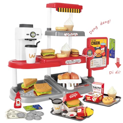 deAO Fast Food Kaufladen Spiel mit Sound inkl. Realistischer Chip Burger Pommes Brathähnchen, Spielgeld, Kaffeemaschine mit Auslassfunktion, Fast Food Restaurant Kinder für Rollenspiele Ab 3+ (Rot) von deAO
