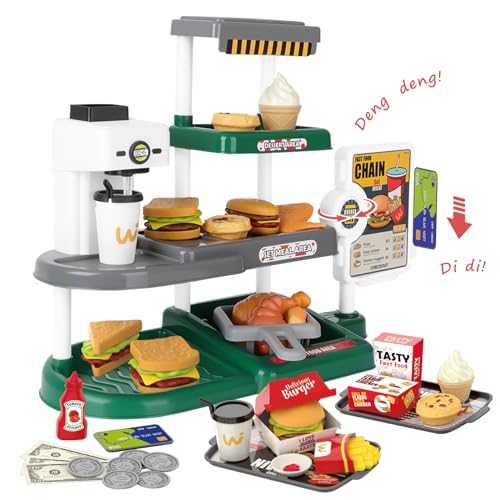 deAO Fast Food Kaufladen Spiel mit Sound inkl. Realistischer Chip Burger Pommes Brathähnchen, Spielgeld, Kaffeemaschine mit Auslassfunktion, Fast Food Restaurant Kinder für Rollenspiele Ab 3+ (Grün) von deAO
