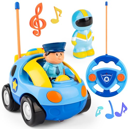 deAO Ferngesteuertes Cartoon Polizeiauto für Kinder mit Licht und Musik - 2 Fahrer inklusive von deAO