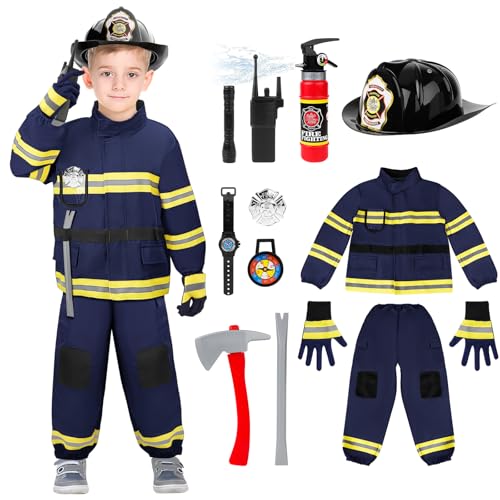 deAO Feuerwehr Kostüm Set für Kinder, Blau Kinder Feuerwehr Rollenspiel Set mit Feuerlöscher Jacke Helm Pfeife, Cosplay für 2 Jahre alte Jungen Mädchen Karneval Halloween Fasching 100cm (Blau-2T) von deAO