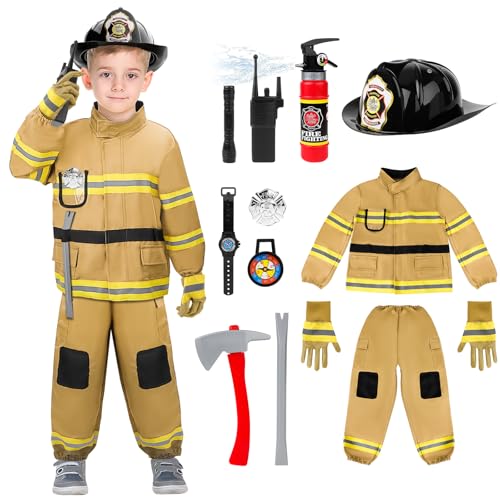 deAO Feuerwehr Kostüm Set für Kinder, Gelbe Kinder Feuerwehr Rollenspiel Set mit Feuerlöscher Jacke Helm Pfeife, Cosplay für 2-3 Jahre alte Jungen Mädchen Karneval Halloween Fasching 100cm von deAO