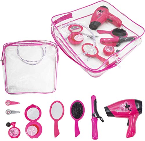 deAO Friseur- und Schminktasche, Beauty-Set für Mädchen, Styling, Make-up und Haar-Accessoires, Spielset inkl. Spiel-Haartrockner und Lockenwickler von deAO