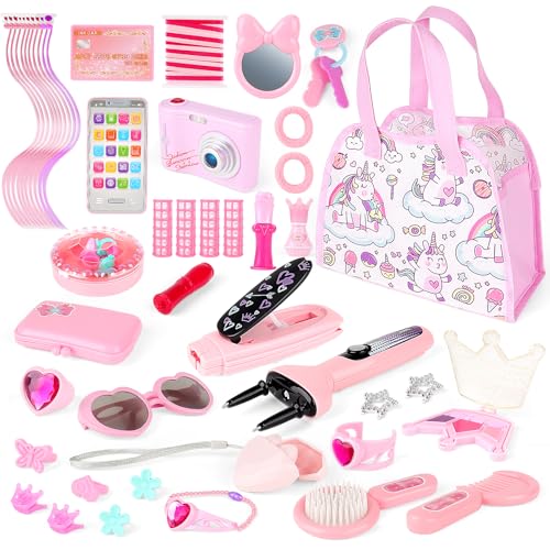 deAO Friseurkoffer Schminkset Spielzeug 34-teilig, Kinder Schmuckset mit Haarstyling Zubehör Handtasche Haarflechter Mobiltelefon Prinzessin Schminkspielzeug für Mädchen von deAO